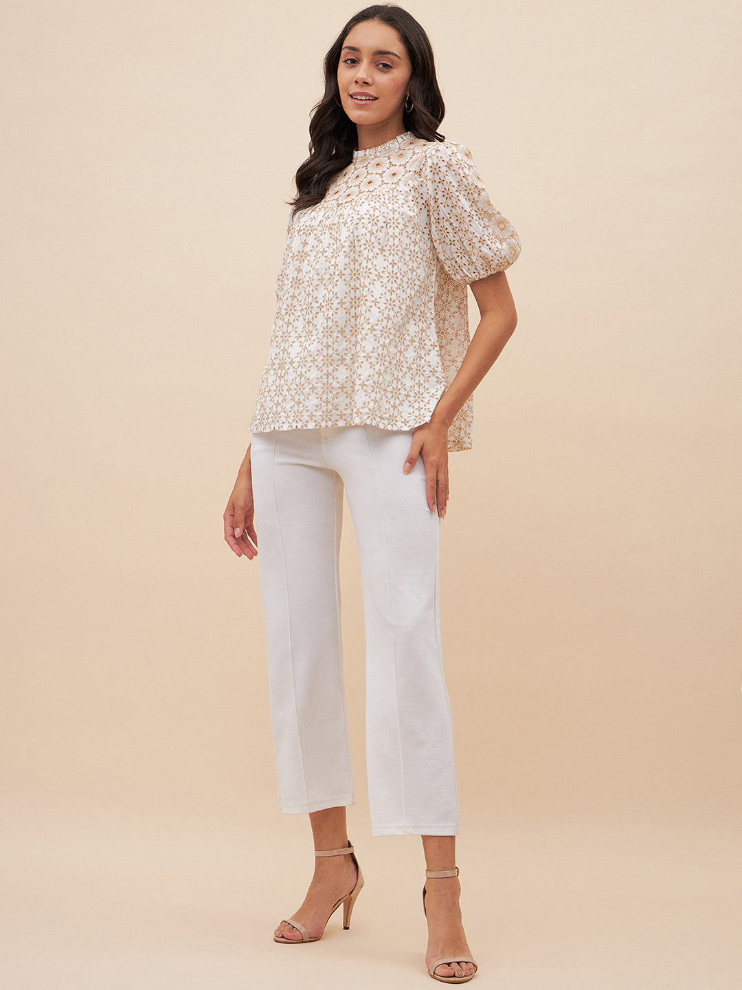 Beige Cotton Schiffli Top