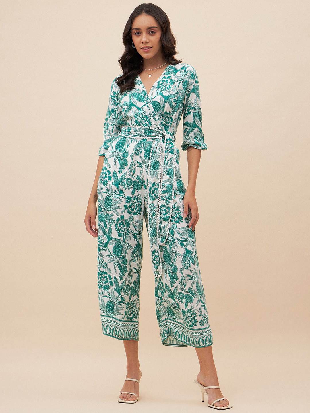 Green Tropical Print Wrap Detail Belted Jumpsuit