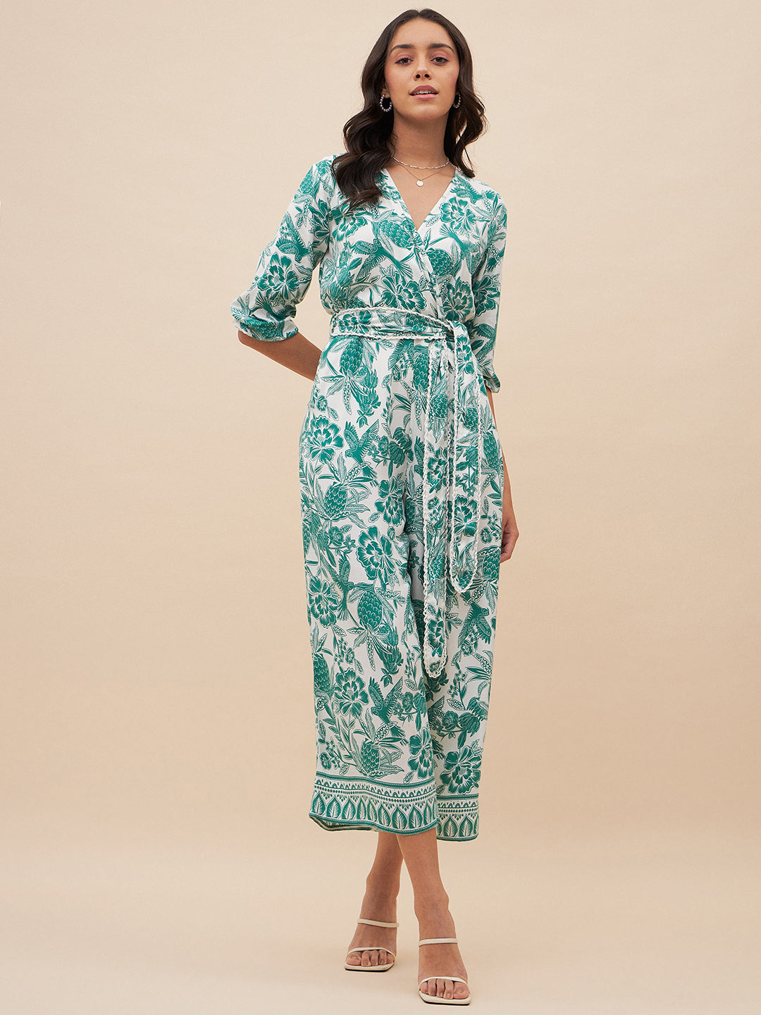 Green Tropical Print Wrap Detail Belted Jumpsuit