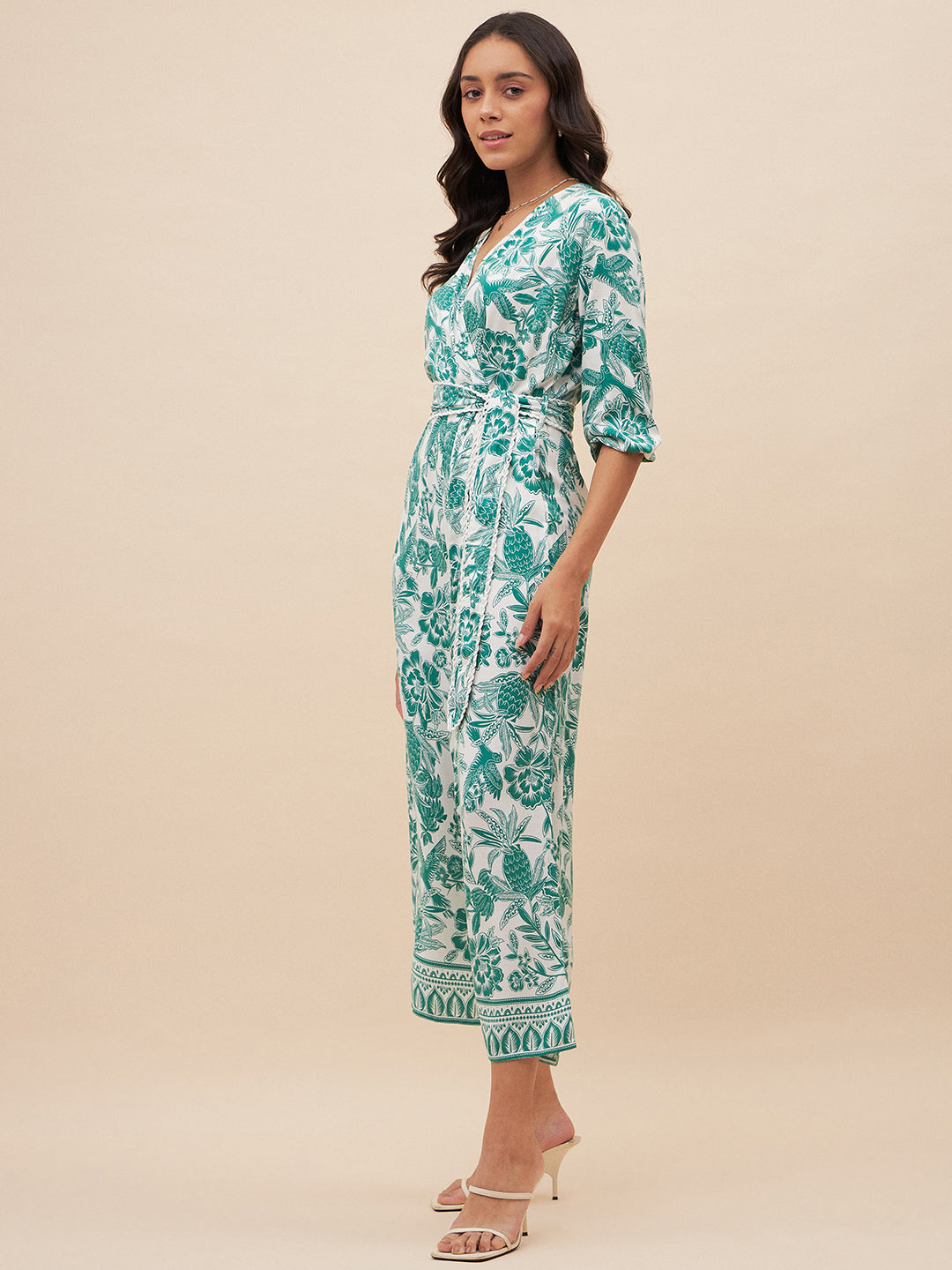 Green Tropical Print Wrap Detail Belted Jumpsuit