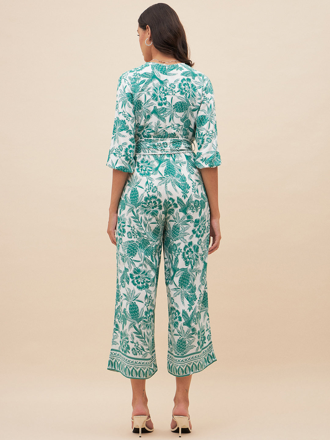 Green Tropical Print Wrap Detail Belted Jumpsuit