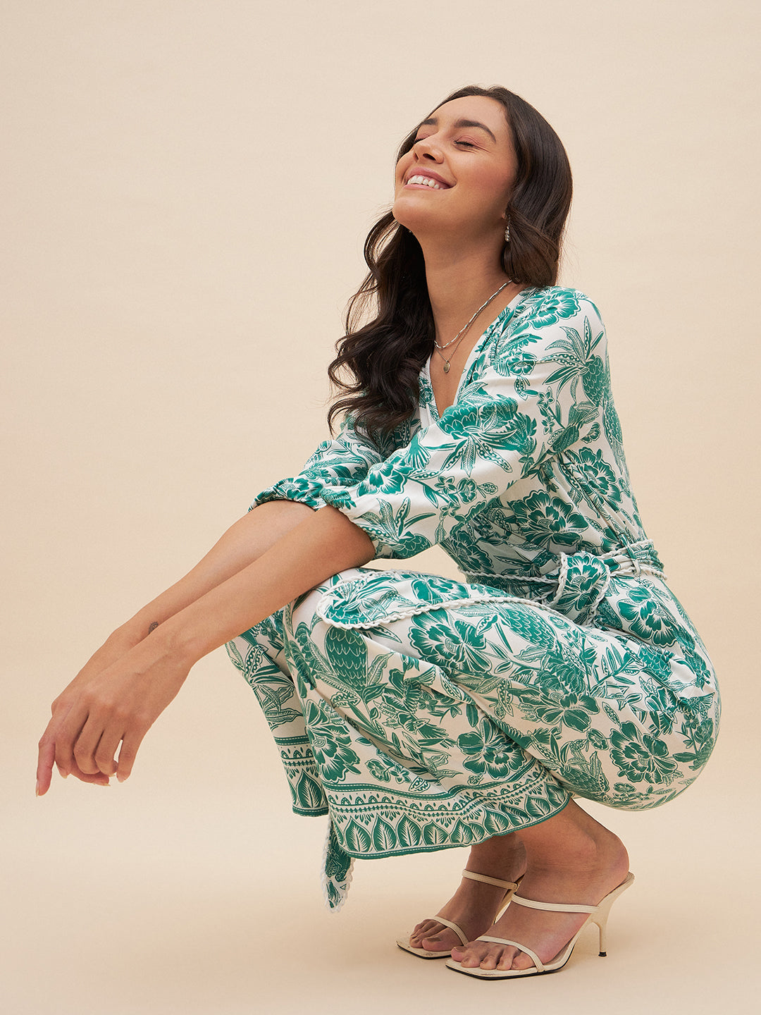 Green Tropical Print Wrap Detail Belted Jumpsuit