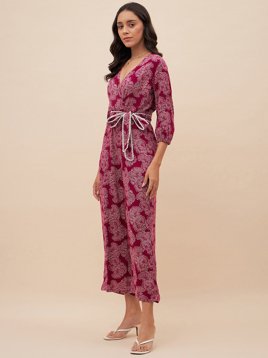 Wine Floral Lace Detail Belted Jumpsuit