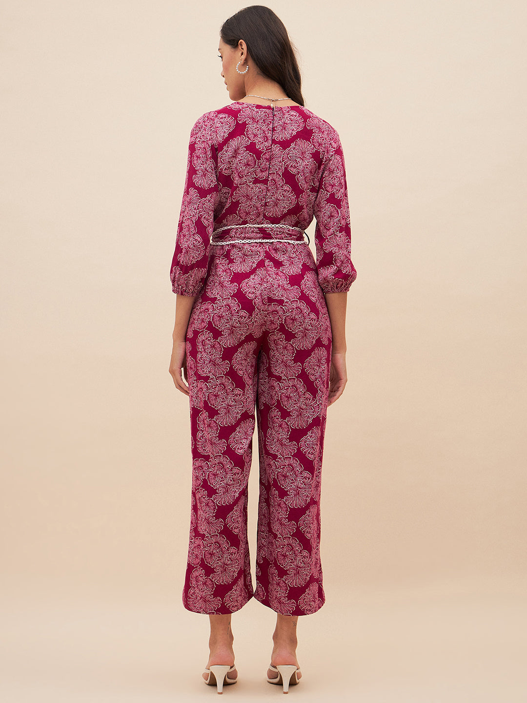 Wine Floral Lace Detail Belted Jumpsuit