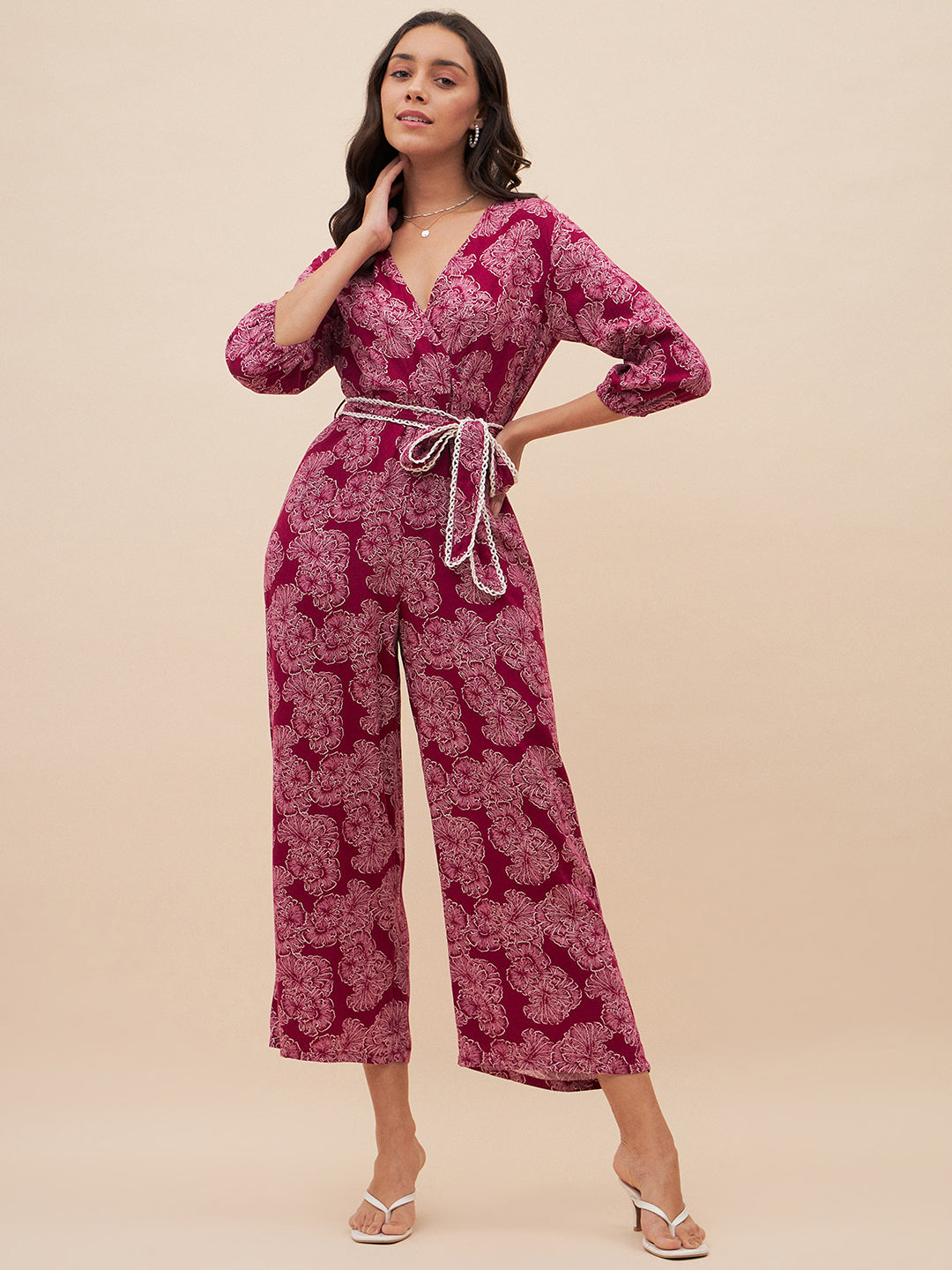Wine Floral Lace Detail Belted Jumpsuit