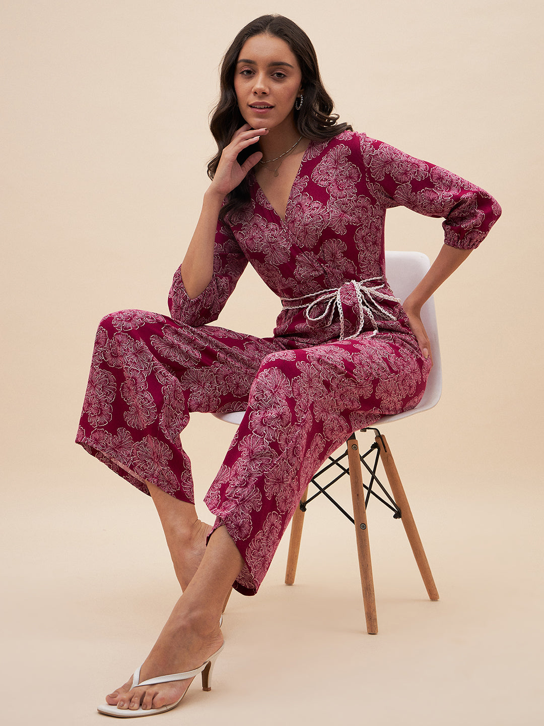 Wine Floral Lace Detail Belted Jumpsuit