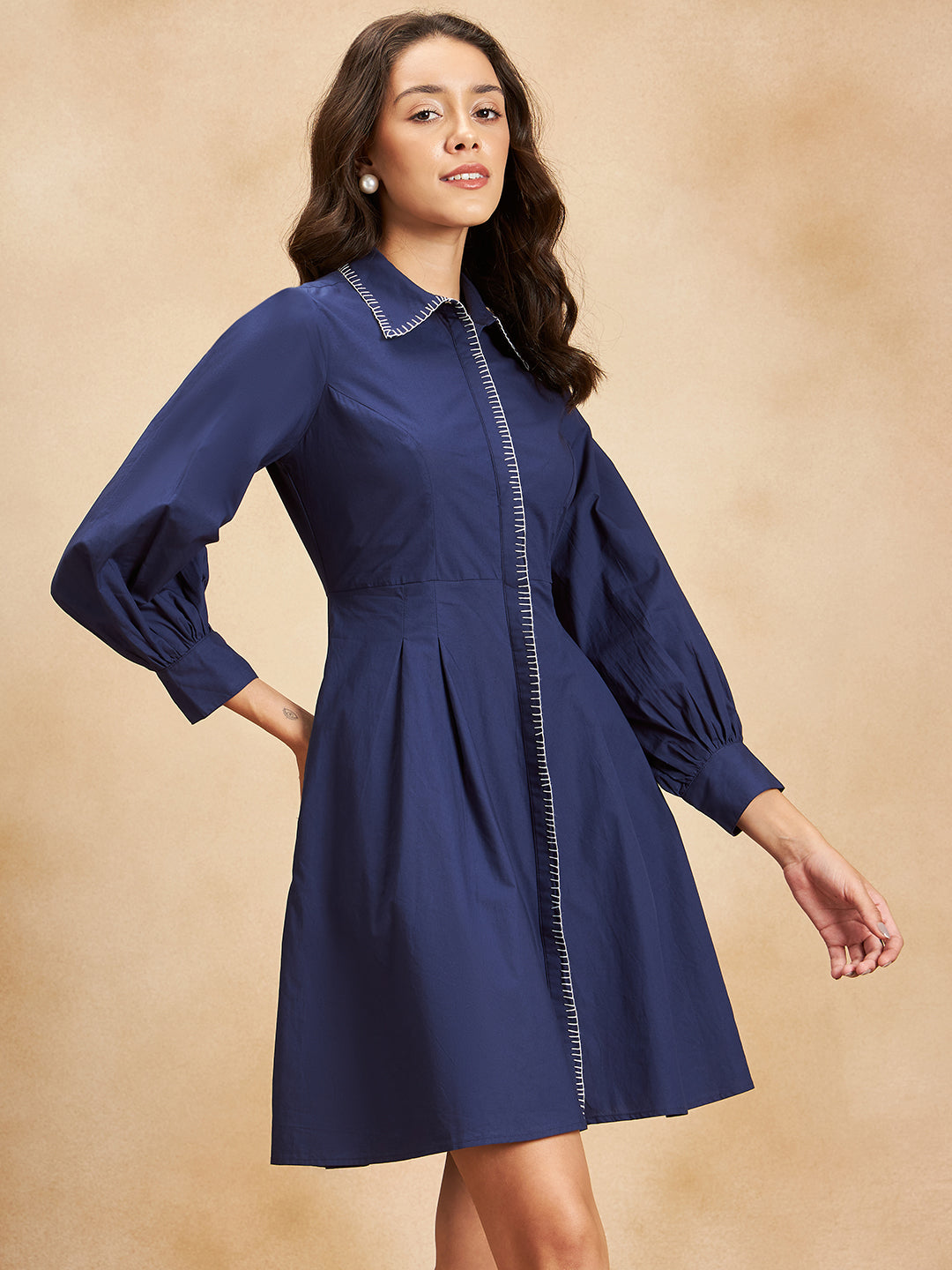 Navy Cotton Poplin Balloon Sleeve Shirt Knee Dress