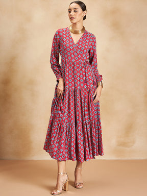 Red Tile Printed Wrap Detail Maxi Dress