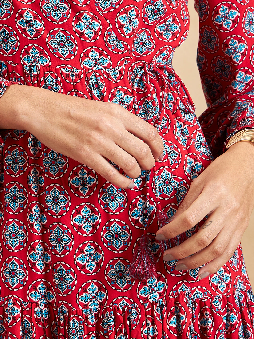 Red Tile Printed Wrap Detail Maxi Dress