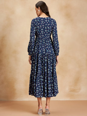 Navy Ditsy Printed Wrap Detail Maxi Dress