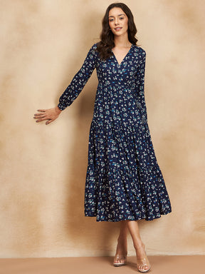 Navy Ditsy Printed Wrap Detail Maxi Dress