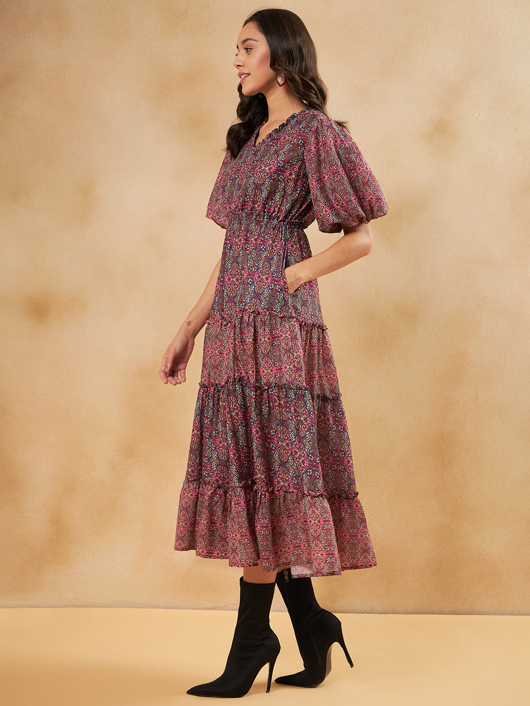 Pink  Tile  Printed Tiered Maxi Dress