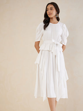 Off White Asymmetric Tiered Belted Midi Dress