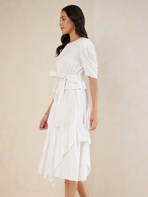 Off White Asymmetric Tiered Belted Midi Dress