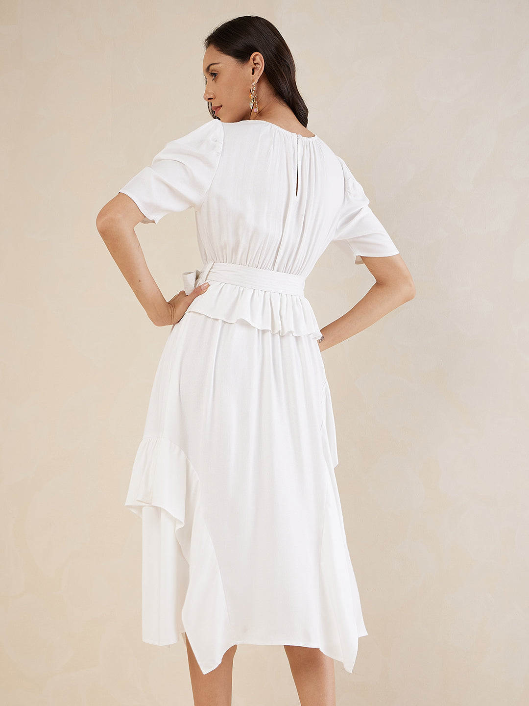 Off White Asymmetric Tiered Belted Midi Dress