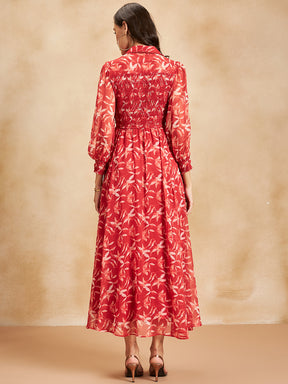 Red Leaf Printed Smocked Tiered Maxi Dress