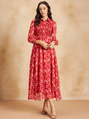Red Leaf Printed Smocked Tiered Maxi Dress
