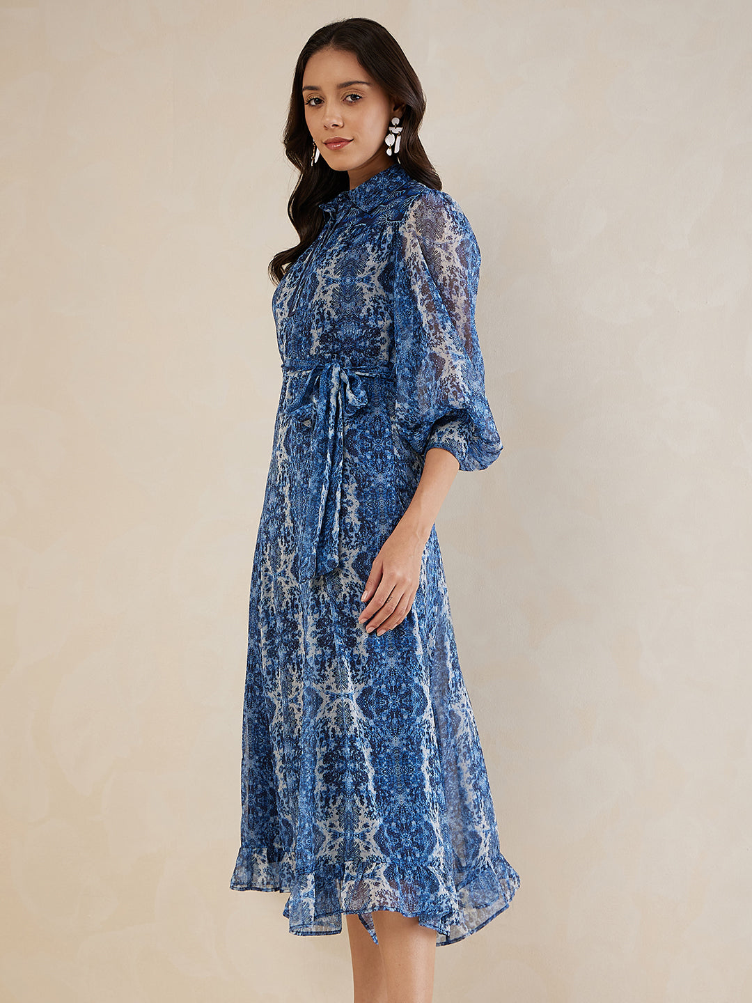 Navy Abstract Printed Solid Placket Detail Maxi Dress