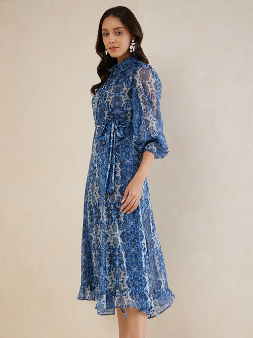 Navy Abstract Printed Solid Placket Detail Maxi Dress