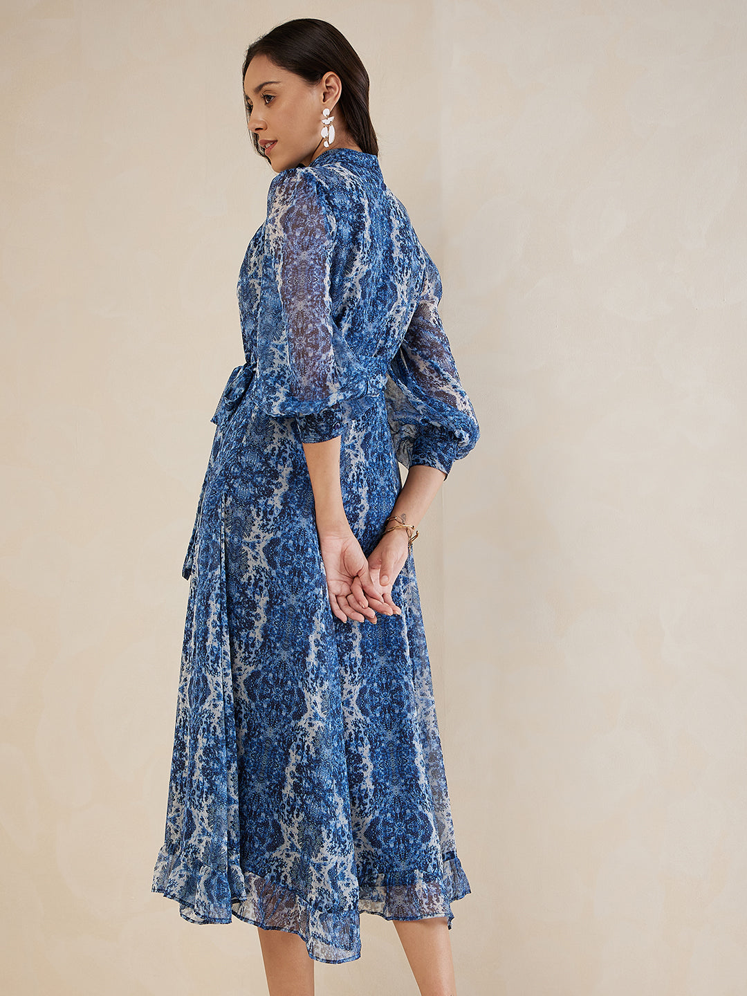 Navy Abstract Printed Solid Placket Detail Maxi Dress