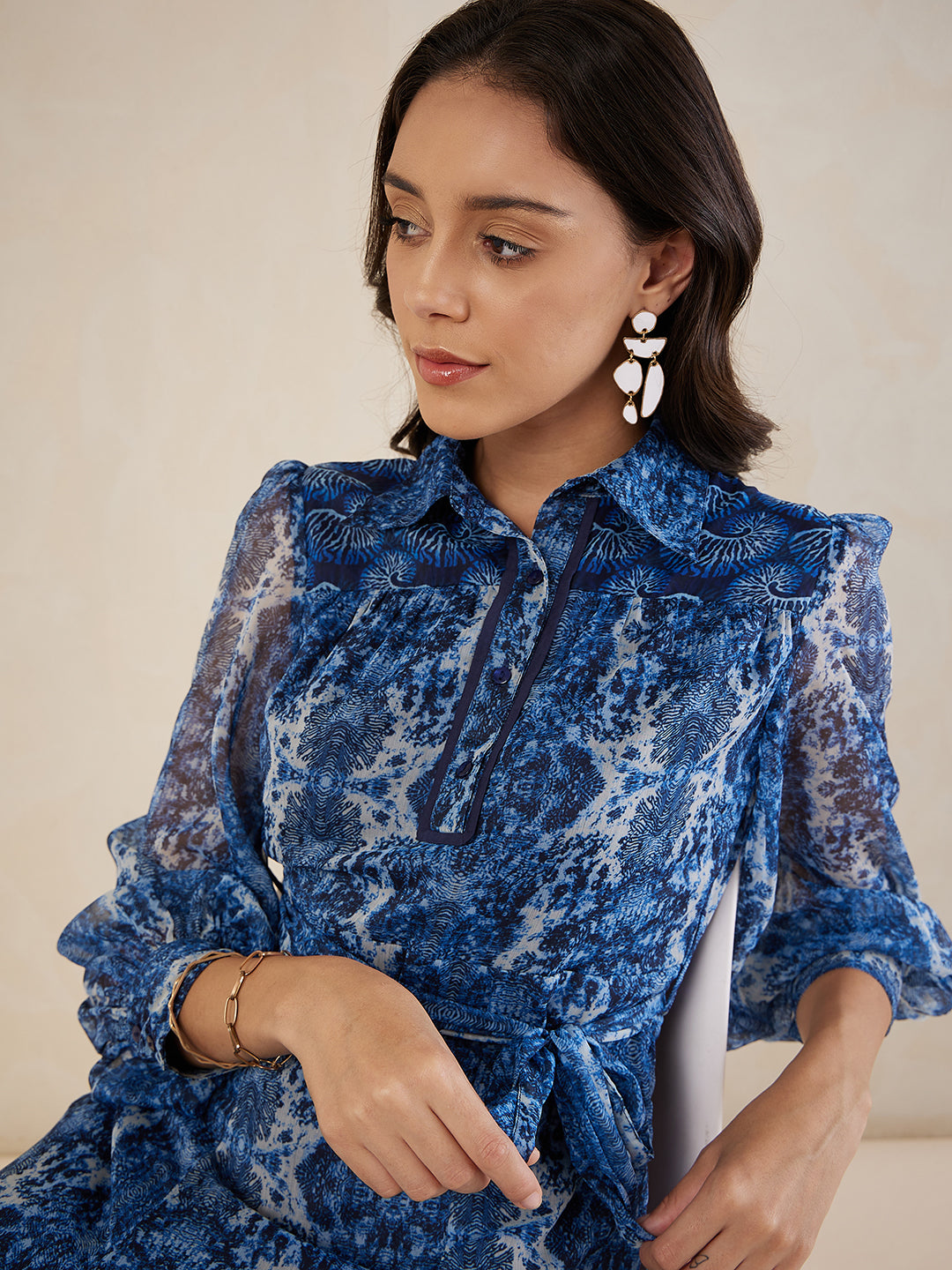 Navy Abstract Printed Solid Placket Detail Maxi Dress