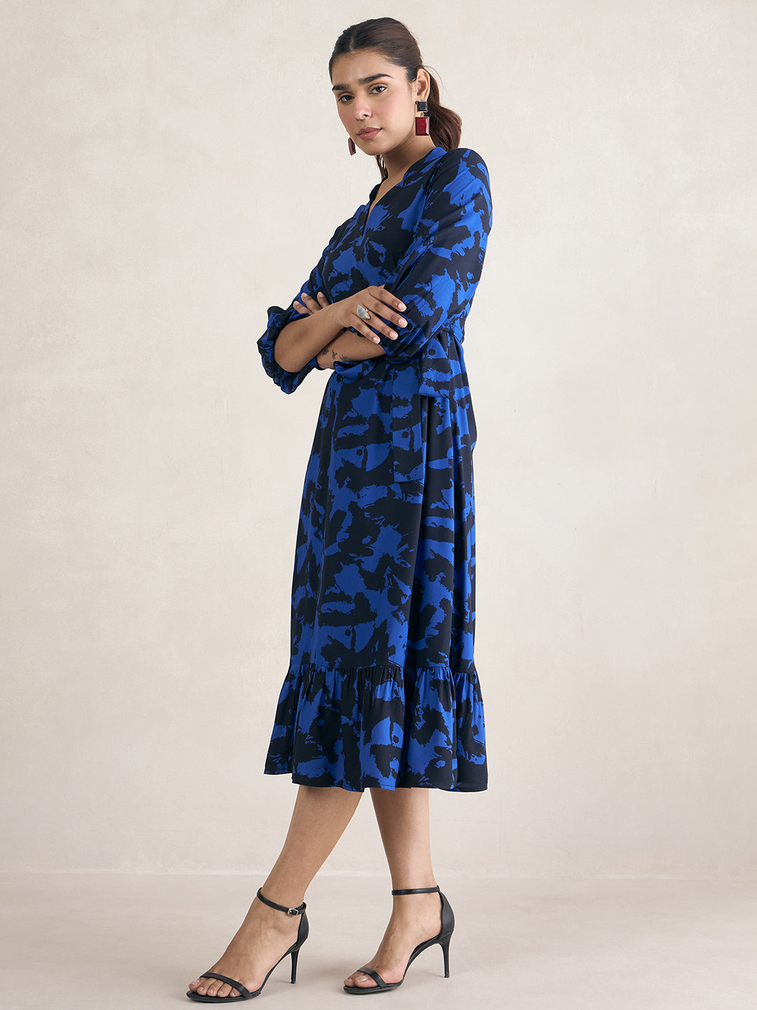 Blue Abstract Printed Tiered Midi Dress