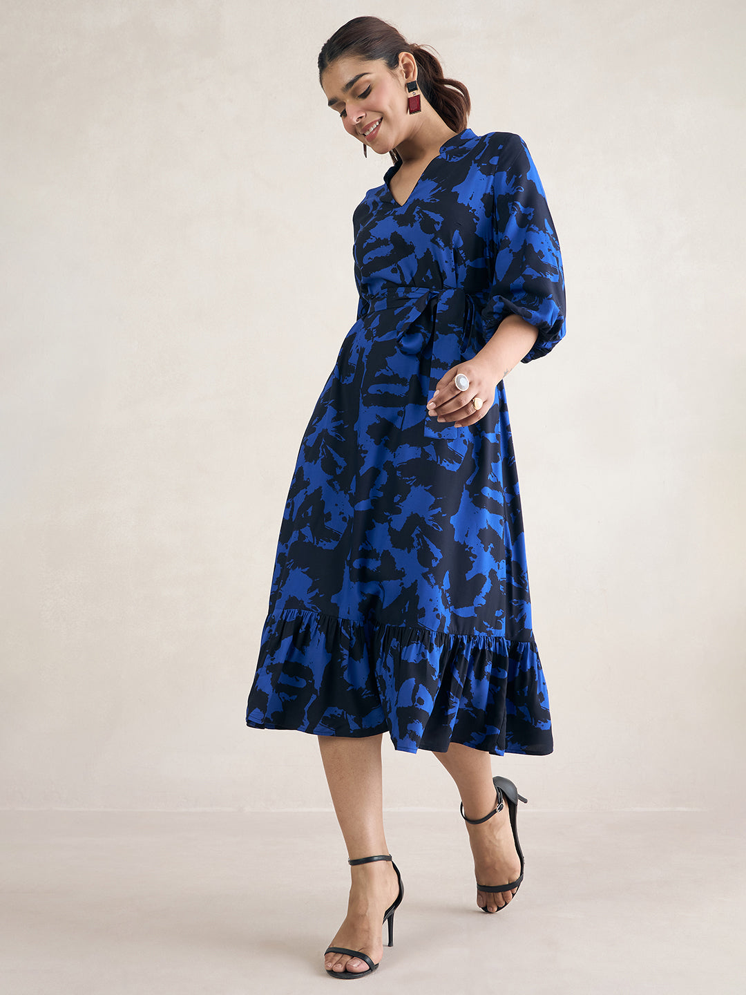 Blue Abstract Printed Tiered Midi Dress
