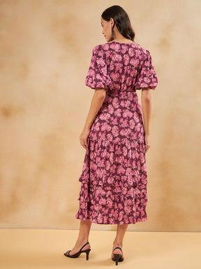 Wine Floral Belted Tiered Maxi Dress