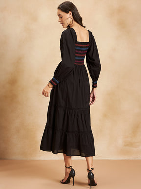 Black Solid Smocked Tiered Maxi Dress