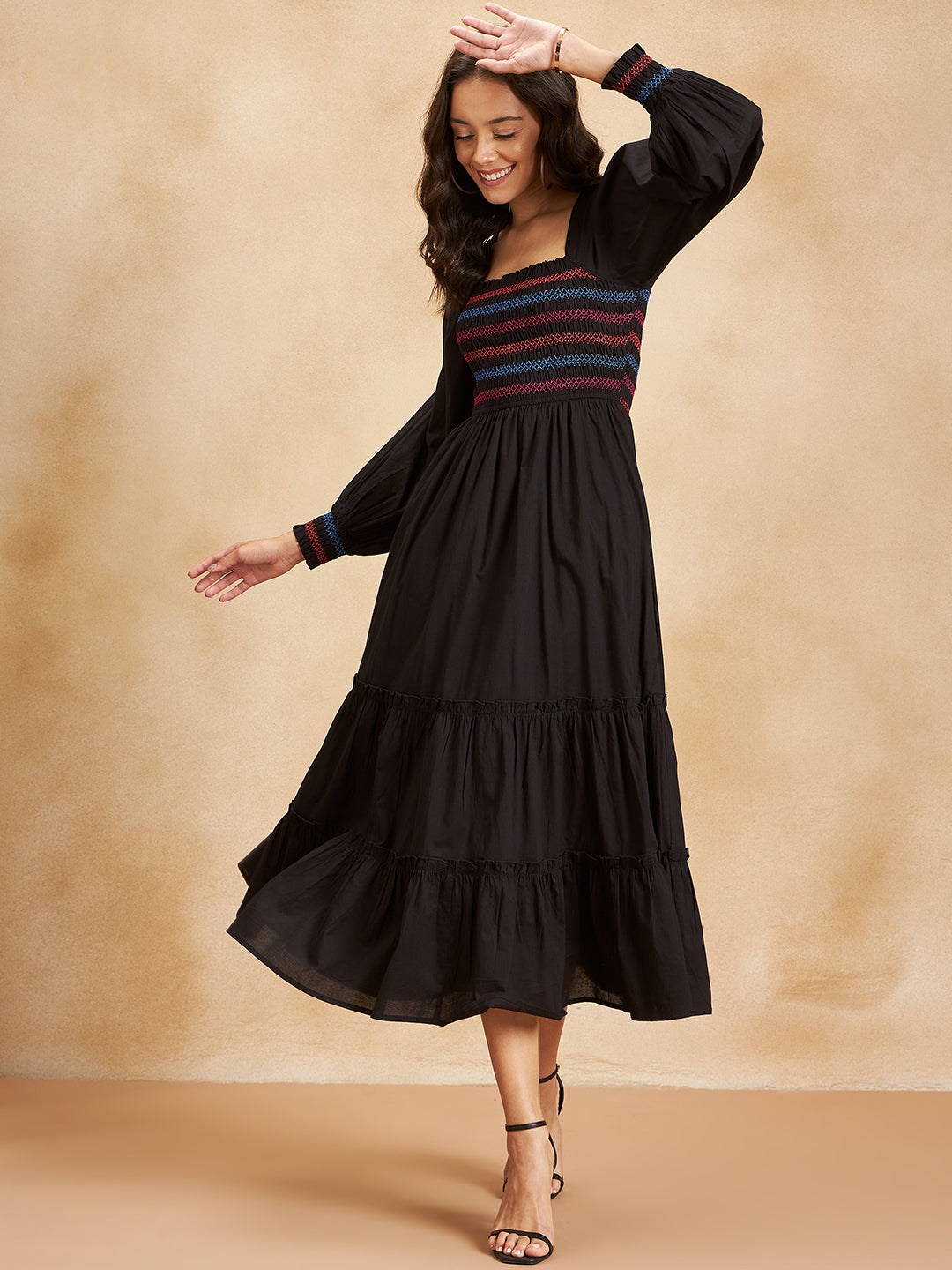 Black Solid Smocked Tiered Maxi Dress