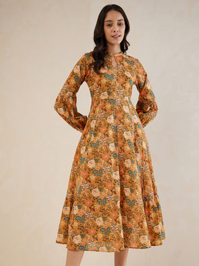 Mustard Floral Printed Keyhole Maxi Length Dress