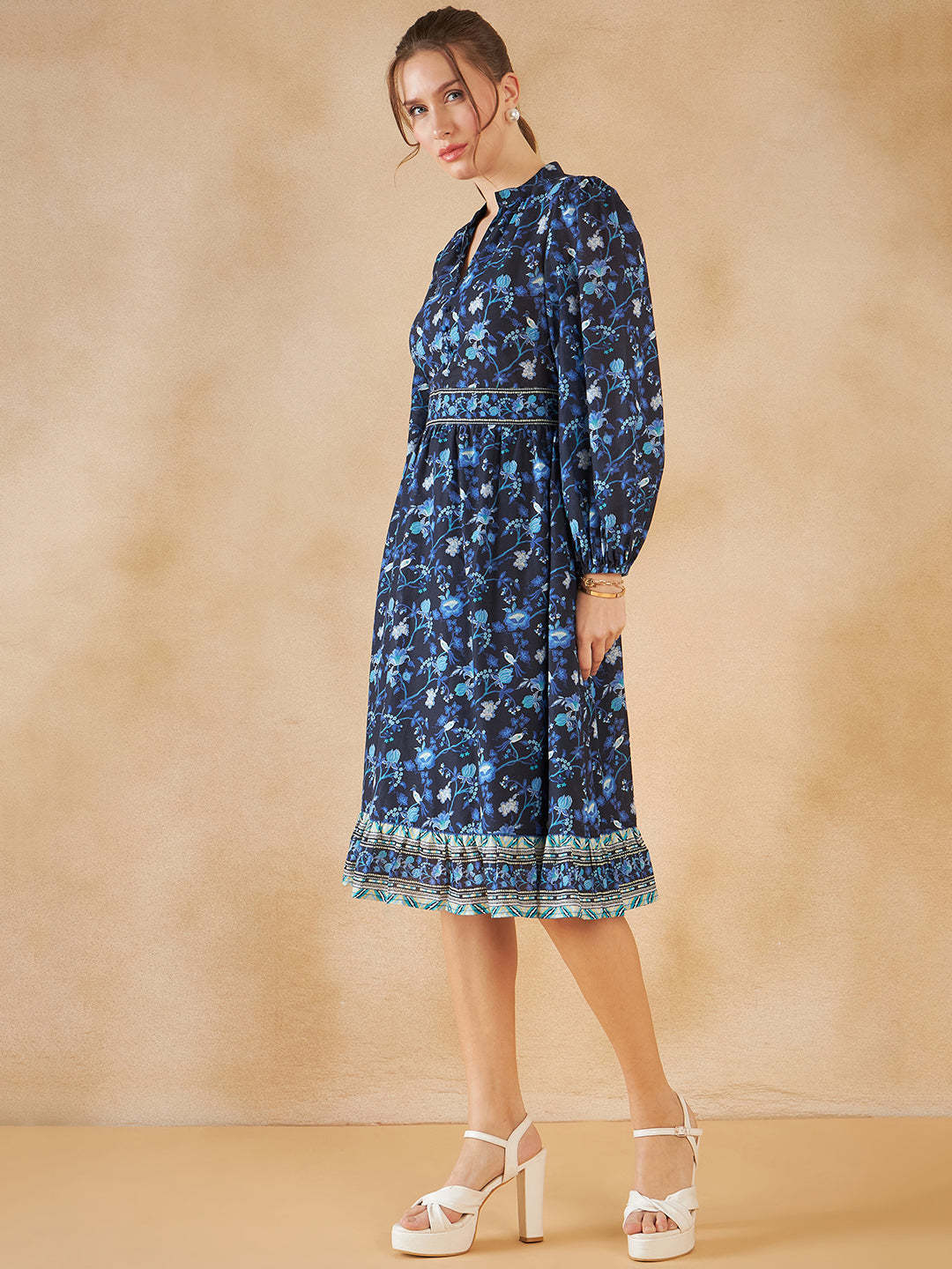 Blue Floral Border Printed Knee Length Dress