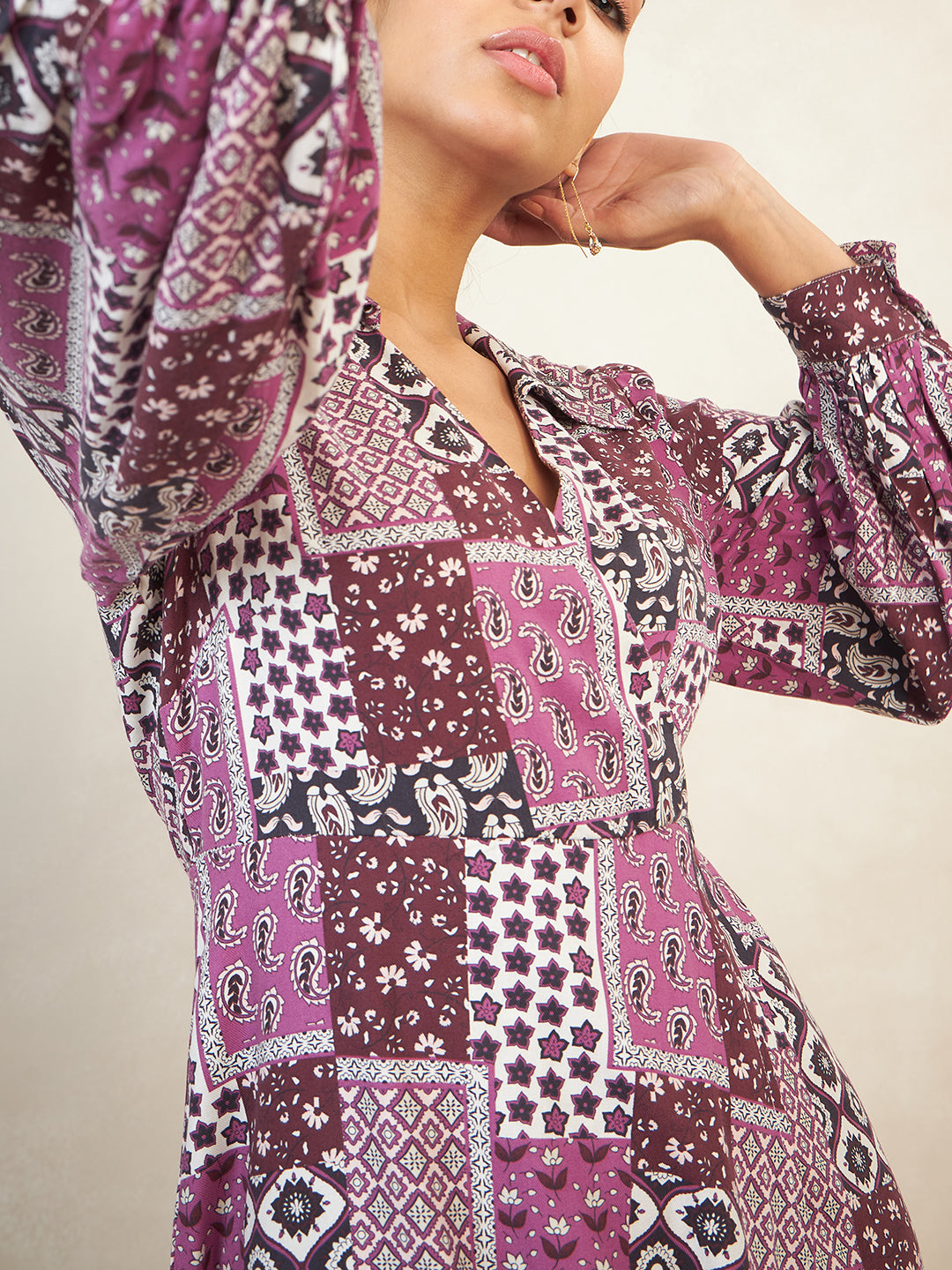 Purple Scarf Printed Shirt Midi Dress