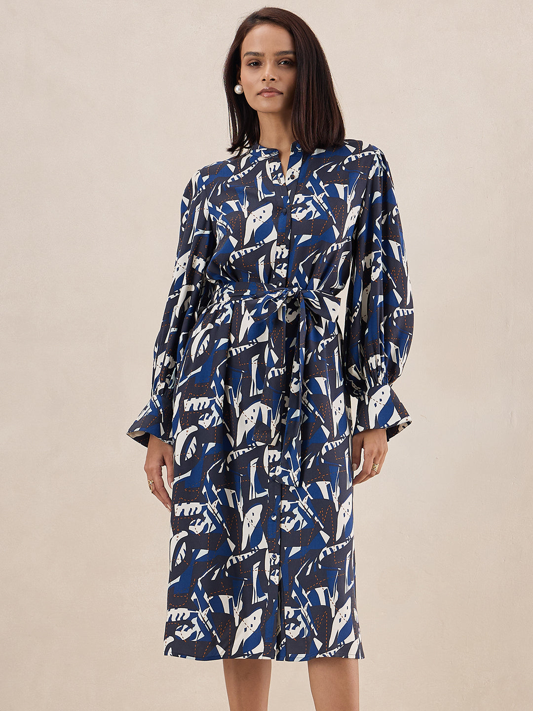 Blue Abstract Printed Belted Midi Dress