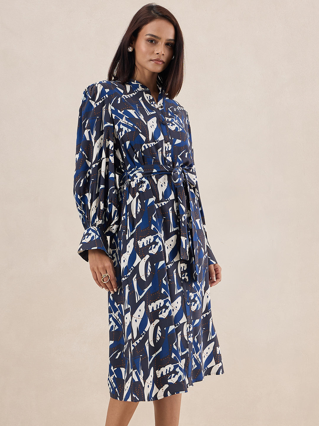 Blue Abstract Printed Belted Midi Dress