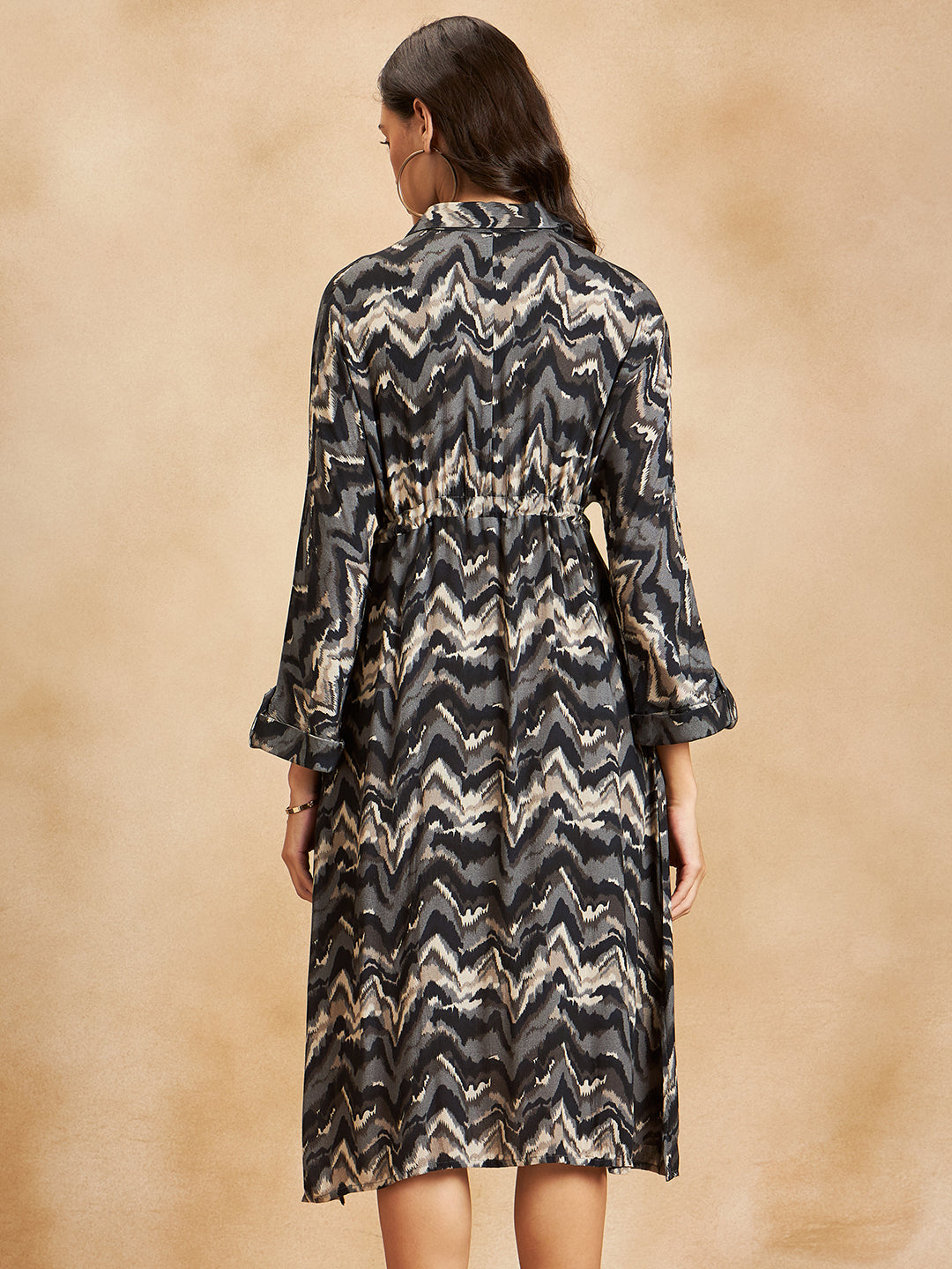 Black Abstract Printed Drawstring Detail Midi Dress