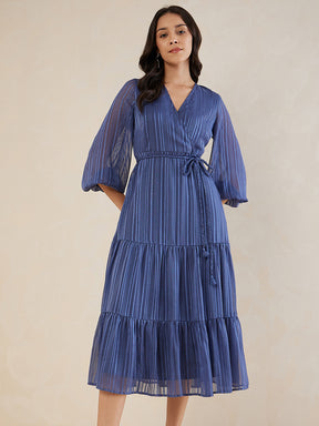 Blue Textured Wrap Tiered Maxi Dress