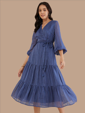 Blue Textured Wrap Tiered Maxi Dress