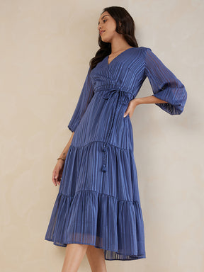 Blue Textured Wrap Tiered Maxi Dress