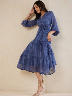 Blue Textured Wrap Tiered Maxi Dress