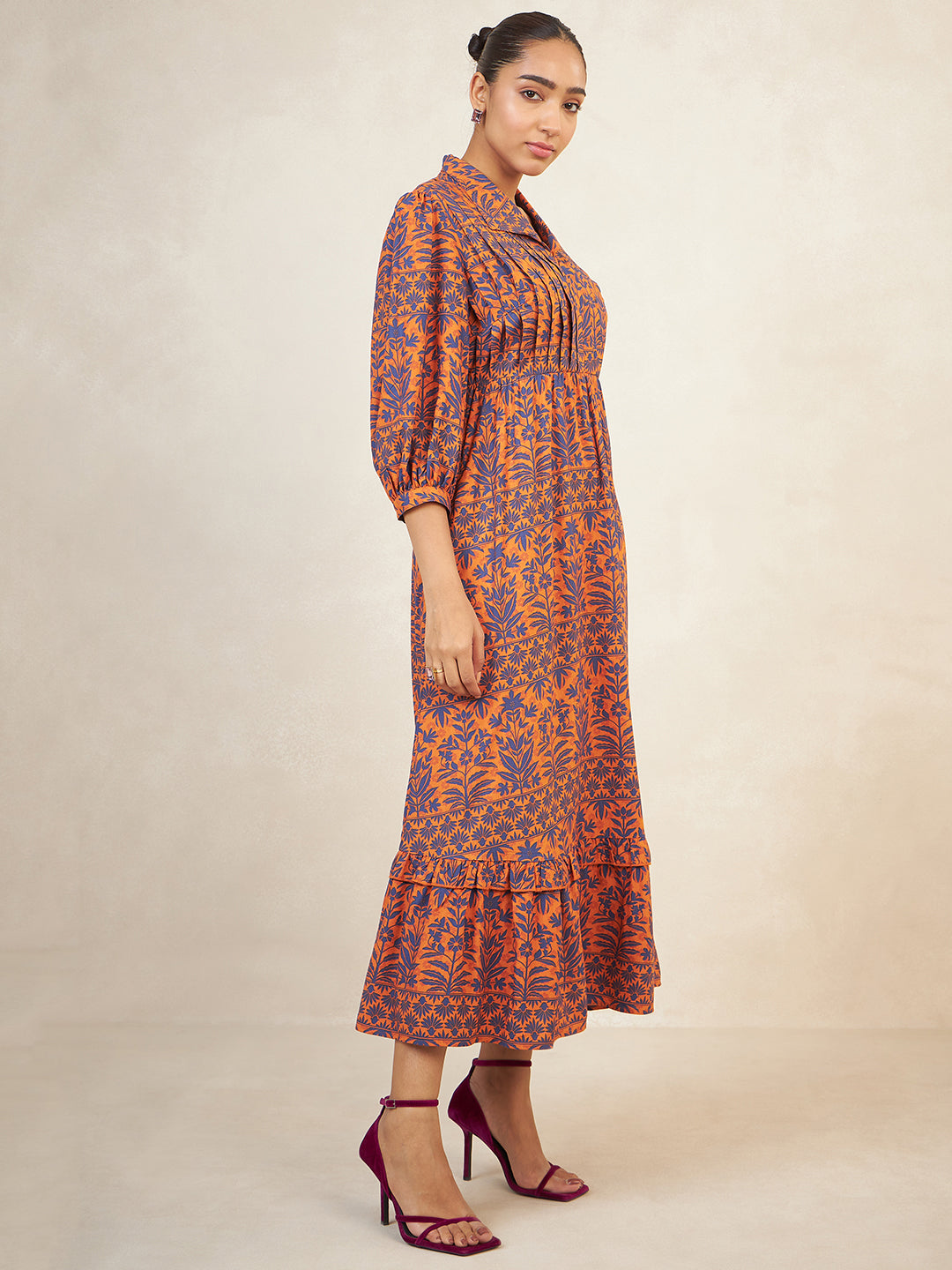 Rust And Navy Printed Tiered Maxi Dress