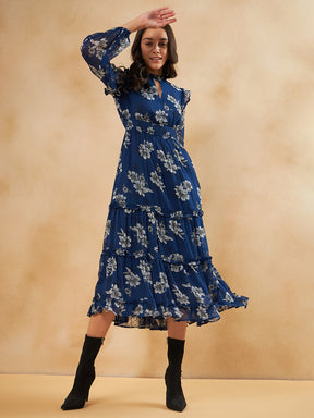 Navy Floral Smocked Tiered Maxi Dress