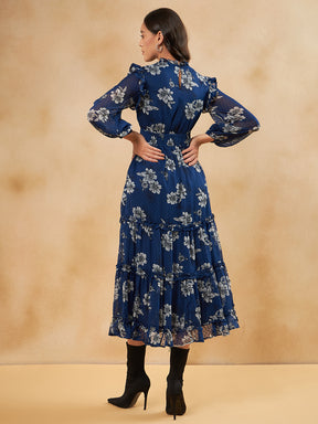 Navy Floral Smocked Tiered Maxi Dress