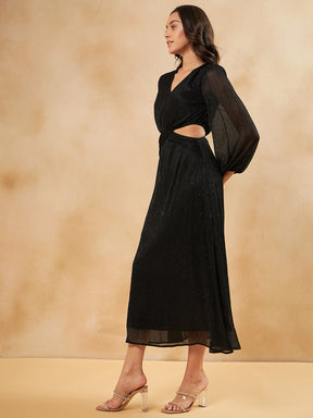 Black Lurex Pleated Cutout Maxi Dress