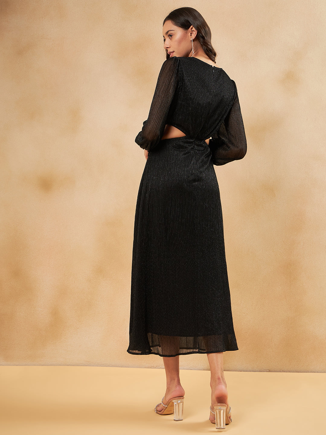 Black Lurex Pleated Cutout Maxi Dress