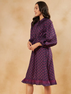 Purple Tile Printed Elasticated Midi Dress