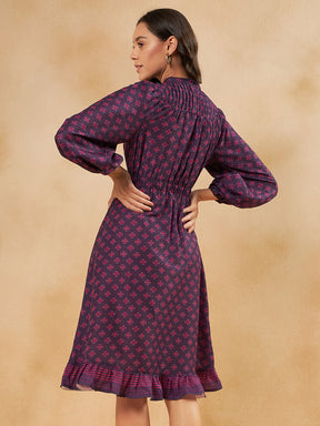 Purple Tile Printed Elasticated Midi Dress
