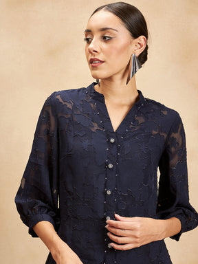 Navy Jacquard Lurex Beaded Button Detail Coord Set