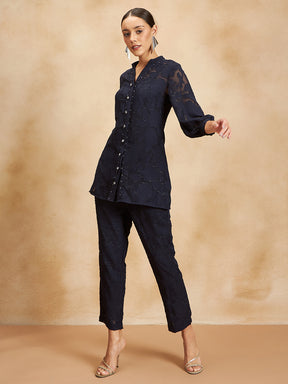 Navy Jacquard Lurex Beaded Button Detail Coord Set
