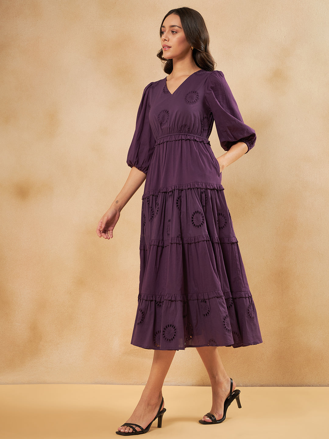 Purple Cotton Schiffli Tiered  Maxi Dress